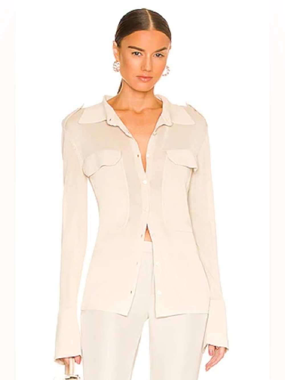 Aya Muse Neutral Beige Button-Front Utility Blouse